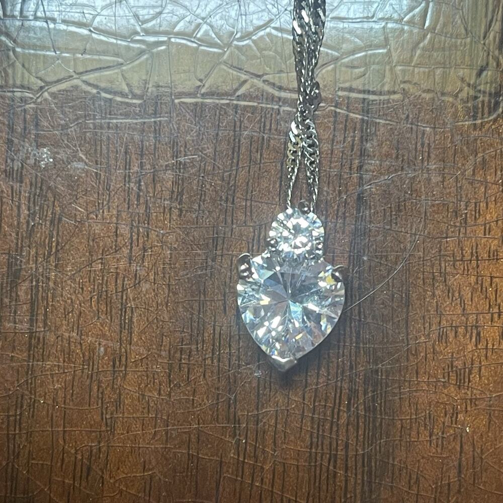 Sterling And CZ Heart Pendant With 18k White Gold Played Chain